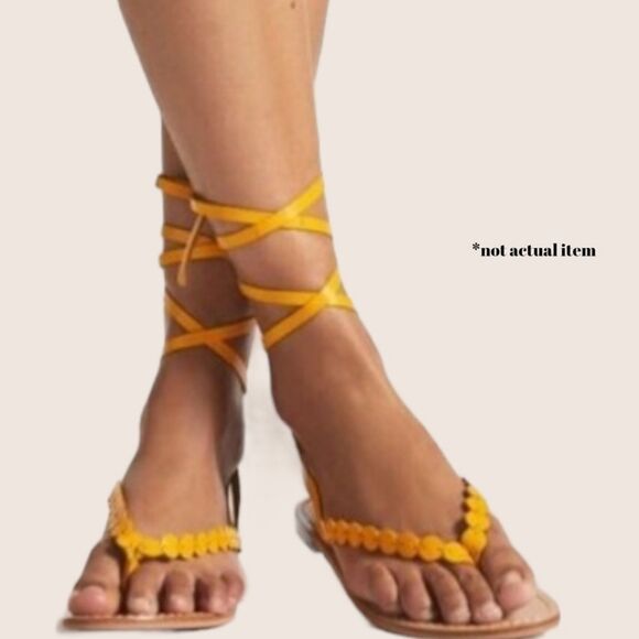 💛 PILCRO x ANTHROPOLOGIE TIE UP THONG SANDALS YELLOW LEATHER SIZE 8 NWT - Picture 1 of 5
